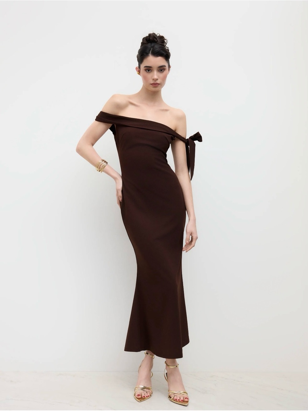 Cider Off Shoulder Asymmetrical Bowknot Mermaid Maxi Dress